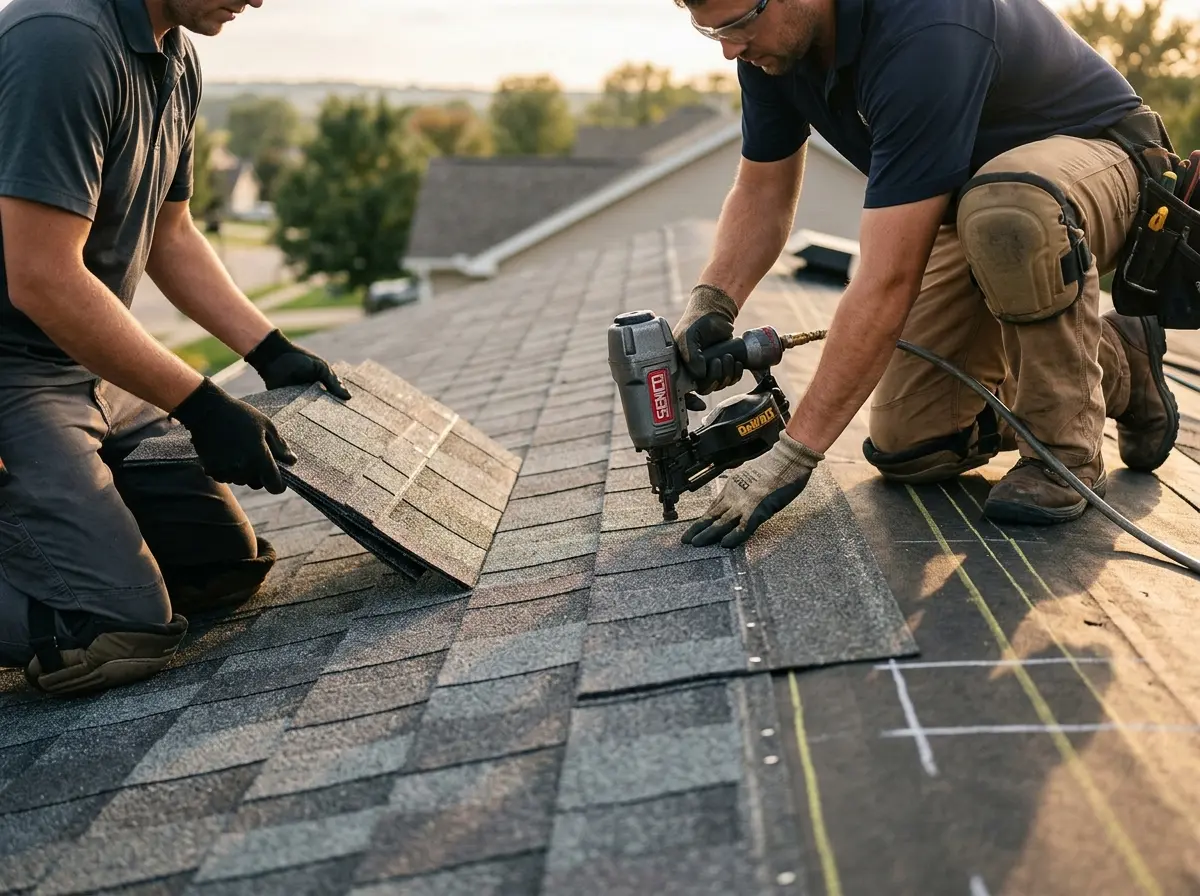 Professional roofer working on a residential roof in Wilmington